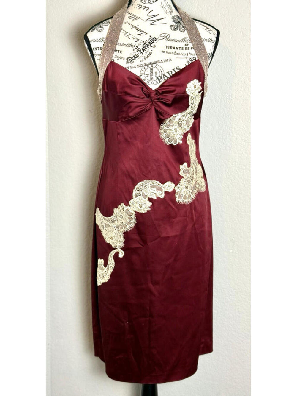 Adrianna Papell Burgundy Halter Lace Party Dress Women's Size 8